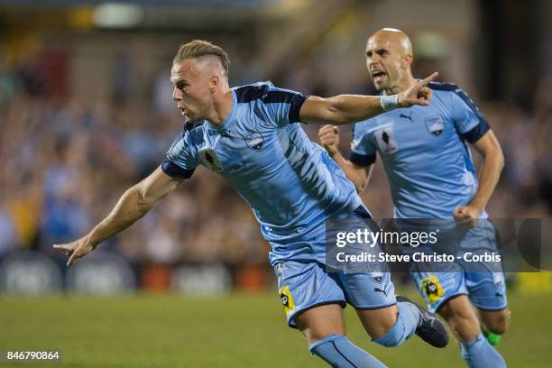 Jordy Buijs of Sydney FC celebrates kicking a goal during the FFA Cup Quarter Final match between Sydney FC and Melbourne City at Leichhardt Oval on...