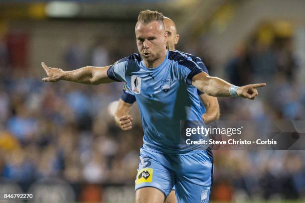 Jordy Buijs of Sydney FC celebrates kicking a goal during the FFA Cup Quarter Final match between Sydney FC and Melbourne City at Leichhardt Oval on...