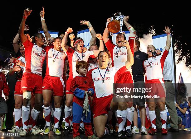 England celebrate their win after the Cup Final match between New Zealand and England on day two of the New Zealand International Sevens at Westpac...