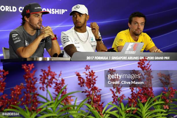 The Drivers Press Conference with Fernando Alonso of Spain and McLaren Honda, Lewis Hamilton of Great Britain and Mercedes GP and Jolyon Palmer of...