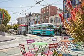 Castro Streetcar with Rainbow Flags in the streets of San Francisco