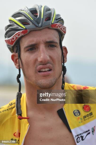 Liam Bertazzo from Willier Triestina team finishes third and keep the Leader Yellow Jersey after the third stage of the 2017 Tour of China 1, the...