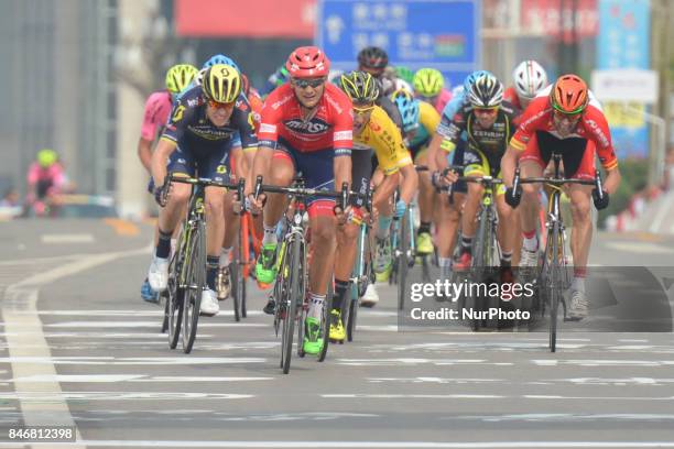 Siarhei Papok and Liam Bertazzo fight for the second place hundred metres behind Joseph Cooper from Isowhey Sports Swisswellness team who wins the...