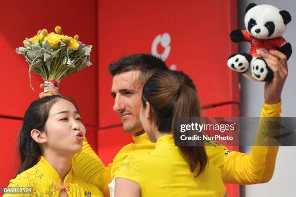 Liam Bertazzo from Willier Triestina team finishes third and keep the Leader Yellow Jersey and the Best Sprinter Blue Jersey, after the third stage...