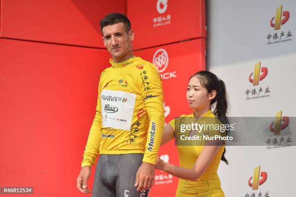 Liam Bertazzo from Willier Triestina team finishes third and keep the Leader Yellow Jersey and the Best Sprinter Blue Jersey, after the third stage...