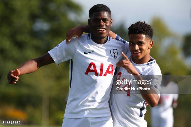 Marcus Edwards of Tottenham Hotspur Under 19s celebrates 4th goal with Japhet Tanganga during UEFA Youth Cup match between Tottenham Hotspur Under...