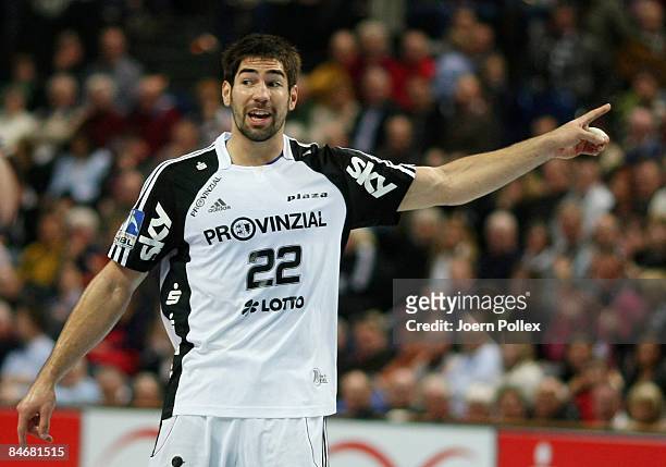 Nikola Karabatic of Kiel gestures during the Handball Bundesliga match between THW Kiel and HBW Ballingen-Weilstetten at the Sparkassen Arena on...