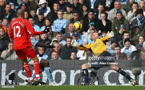 Shay Given of Manchester City makes a point blank save from Afonso Alves of Middlesbrough during the Barclays Premier League match between Manchester...