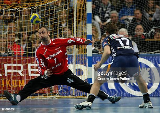 Thierry Omeyer of Kiel saves the ball during the Handball Bundesliga match between THW Kiel and HBW Balingen-Weilstetten at the Sparkassen Arena on...