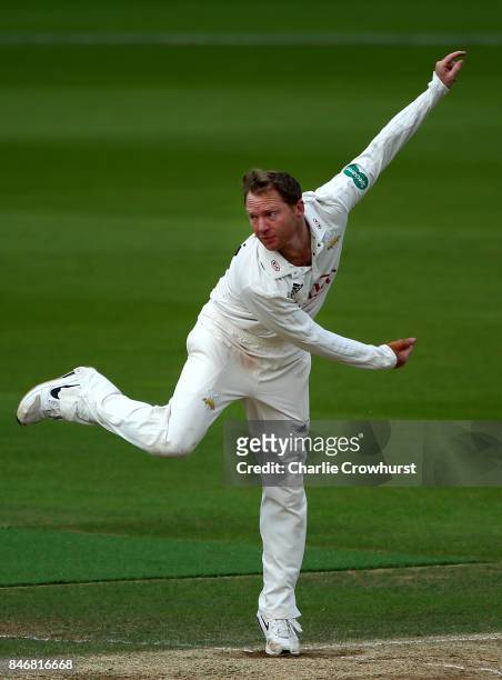 Surrey's Gareth Batty bowls during day three of the Specsavers County Championship Division One match between Surrey and Yorkshire at The Kia Oval on...