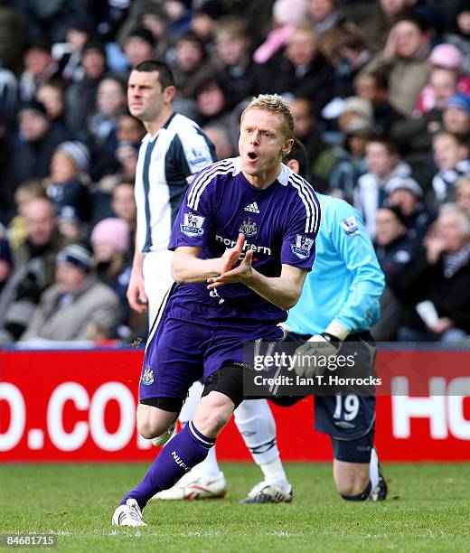 Damien Duff celebrates after scoring the opening goal during the Barclays Premier League match between West Bromwich Albion and Newcastle United at...