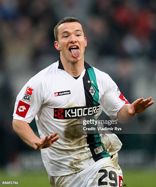 Alexander Baumjohann of Gladbach celebrates his 1:0 goal during the Bundesliga match between Borussia Moenchengladbach and 1899 Hoffenheim at the...