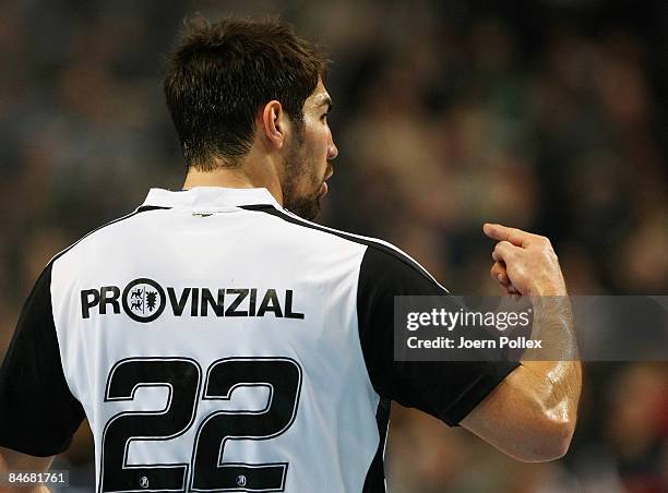 Nikola Karabatic of Kiel gestures during the Handball Bundesliga match between THW Kiel and HBW Ballingen-Weilstetten at the Sparkassen Arena on...