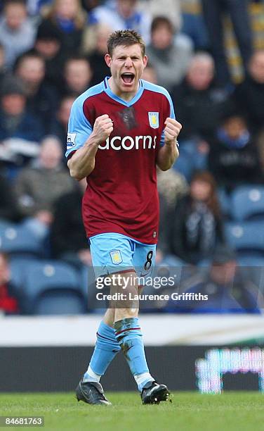 James Milner of Aston Villa celebrates scoring the opening goal during the Barclays Premier League match between Blackburn Rovers and Aston Villa at...