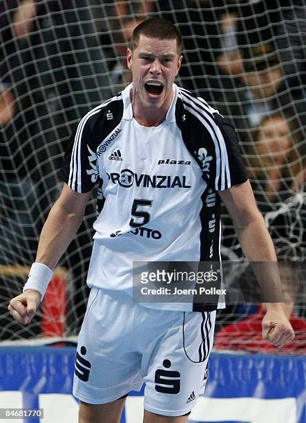 Kim Andersson of Kiel celebrates during the Handball Bundesliga match between THW Kiel and HBW Balingen-Weilstetten at the Sparkassen Arena on...
