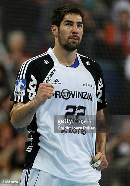 Nikola Karabatic of Kiel celebrates during the Handball Bundesliga match between THW Kiel and HBW Balingen-Weilstetten at the Sparkassen Arena on...