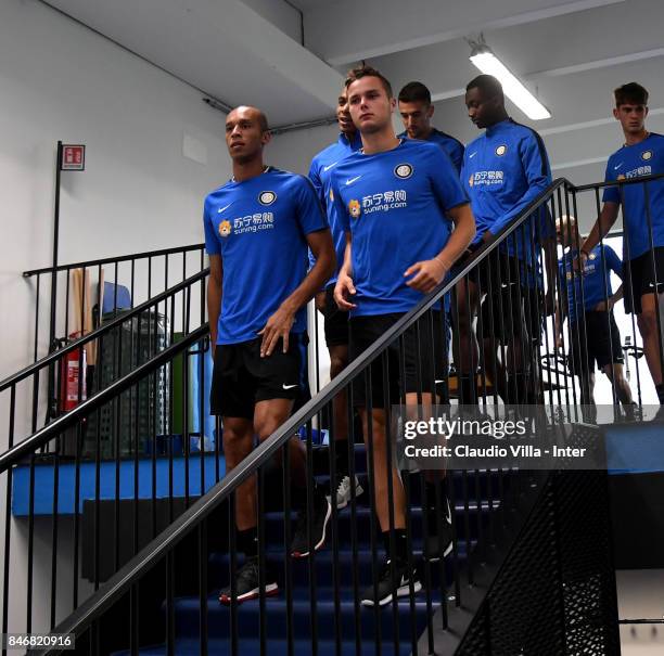 Zinho Vanheusden and Joao Miranda de Souza Filho of FC Internazionale look on during a training session at Suning Training Center at Appiano Gentile...