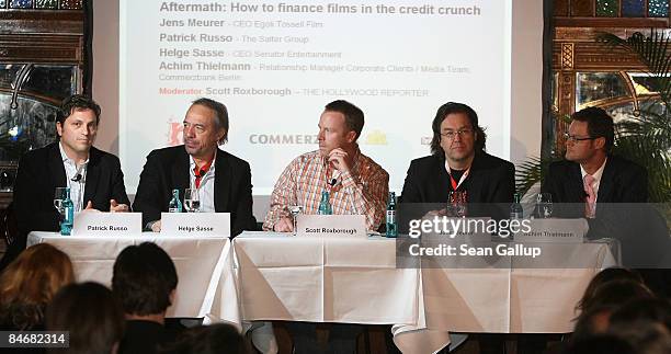 Patrick Russo from The Salter Group, Helge Sasse, CEO of Senator Entertainment, Scott Roxborough, Moderator from The Hollywood Reporter, Jens Meurer,...