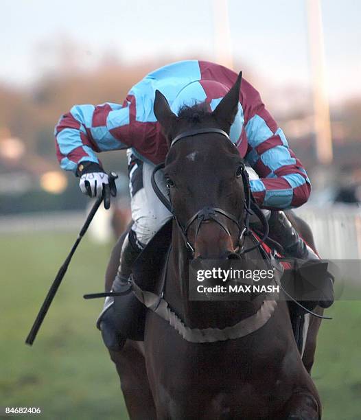 Irish jockey Tony McCoy brings French bred Quipe Me Posted, into third place in the Play Casino Maiden Open National Hunt Flat race at Kempton Park,...