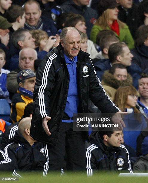 Chelsea's Manager Luiz Felipe Scolari gestures during the match against Hull City during their Premier League football match at Stamford Bridge in...