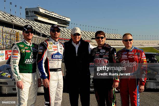 Dale Earnhardt Jr., Jimmie Johnson, Rick Hendrick, Jeff Gordon, and Mark Martin pose for the media prior to practice for the NASCAR Sprint Cup Series...