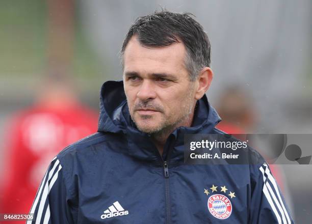 Assisent coach Willy Sagnol of FC Bayern Muenchen is pictured during a training session at the club's Saebener Strasse training ground on September...