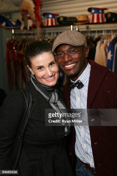 Actors Idina Menzel and Taye Diggs pose backstage after the opening night performance of the world premiere of "Minsky's" held at CTG/Ahmanson...