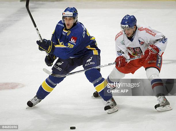 Sweden's Martin Thornberg fights for the puck with Czech Republic's Jan Marek in their match of the Euro hockey tour in Stockholm, on February 7,...