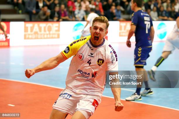 Rudolf Faluvegi of Nantes celebrates during Lidl Star Ligue match between Massy Essonne Handball and HBC Nantes on September 13, 2017 in Massy,...