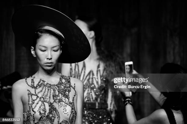 Model poses at the Mehmet Korkmaz presentation during Mercedes-Benz Istanbul Fashion Week September 2017 at Zorlu Center on September 13, 2017 in...