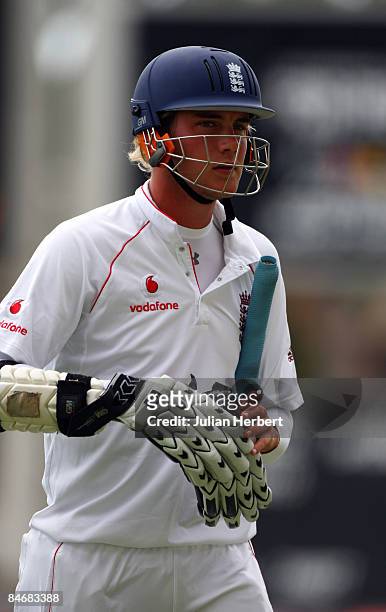 Stuart Broad of England walks off after his dismissal during day four of the 1st Test between The West Indies and England played at Sabina Park on...
