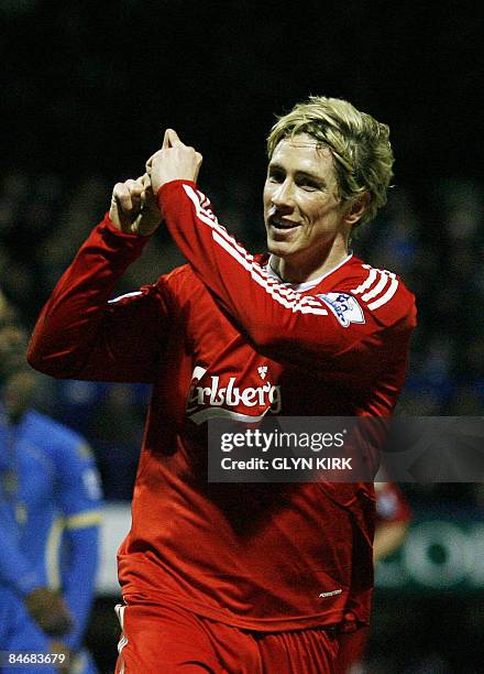 Liverpool's Spanish Striker Fernando Torres celebrates scoring during their Premier League football match against Portsmouth at Fratton Park in...