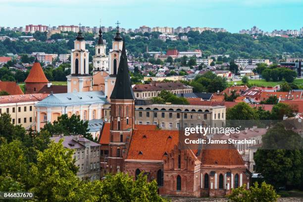 aerial view of old town with soviet housing estate (built 1985) in background, kaunas, second largest city, lithuania - kaunas stockfoto's en -beelden