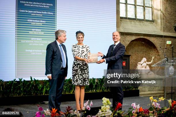 Queen Maxima of The Netherlands opens the Asian Library of the University Leiden on September 14, 2017 in Leiden, Netherlands. The Asian Library has...