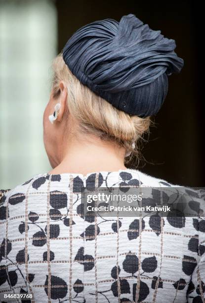 Hat of Queen Maxima of The Netherlands during the opening of the Asian Library of the University Leiden on September 14, 2017 in Leiden, Netherlands....