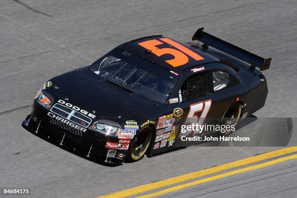 Kelly Bires driver of the Dodge during practice for the NASCAR Sprint Cup Series Daytona 500 at Daytona International Speedway on February 7, 2009 in...