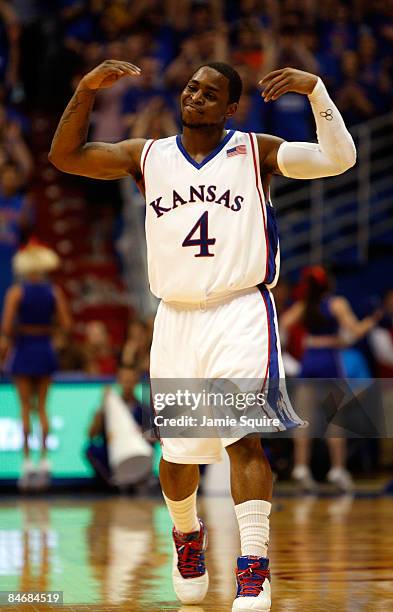 Sherron Collins of the Kansas Jayhawks reacts after scoring during the game against the Oklahoma State Cowboys on February 7, 2009 at Allen...