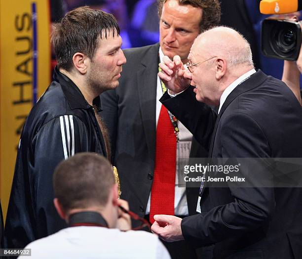 Boxing-Promoter Klaus-Peter Kohl talks to Ruslan Chagaev of Uzbekistan after the WBA World Championship heavyweight fight at the StadtHalle on...