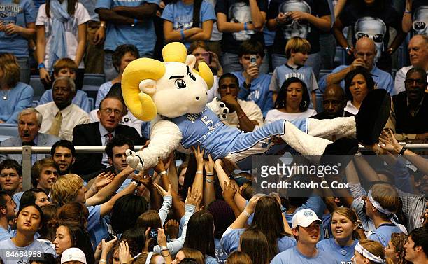 Rameses, mascot of the North Carolina Tar Heels, is passed around the student section during the game against the Virginia Cavaliers on February 7,...