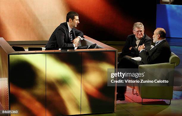 Fabio Fazio, Ermanno Olmi and Carlo Petrini attend "Che Tempo Che Fa" TV Show held at RAI Studios on February 7, 2009 in Milan, Italy.