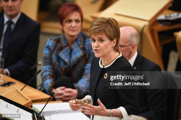 First Minister of Scotland Nicola Sturgeon answers questions during first ministers questions in the Scottish Parliament on September 14, 2017 in...