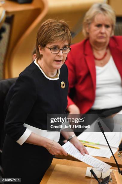 First Minister of Scotland Nicola Sturgeon answers questions during first ministers questions in the Scottish Parliament on September 14, 2017 in...