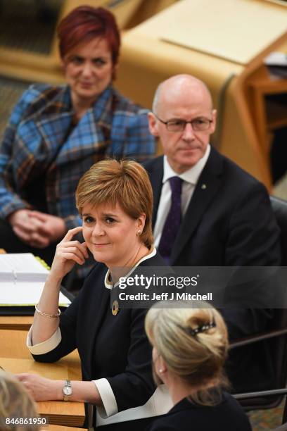 First Minister of Scotland answers questions during first ministers questions in the Scottish Parliament on September 14, 2017 in Edinburgh,Scotland.