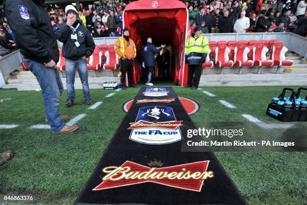 General view of FA Cup signage on a mat leading out from the tunnel at Highbury Stadium