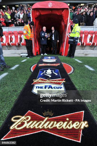 General view of FA Cup signage on a mat leading out from the tunnel at Highbury Stadium