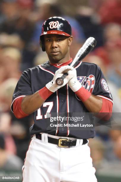 Alejandro De Aza of the Washington Nationals prepares for a pitch during a baseball game against the Philadelphia Phillies at Nationals Park on...