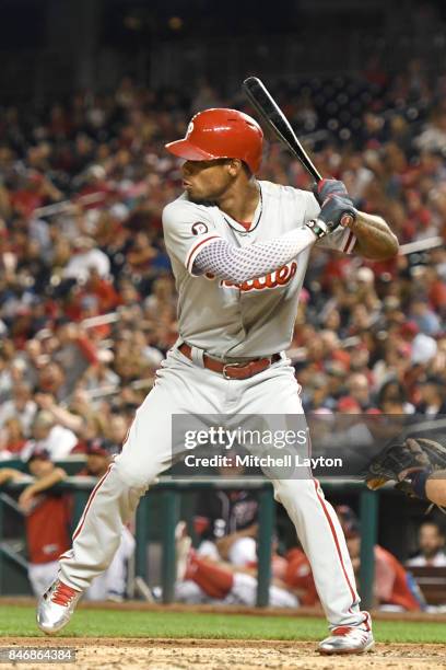 Nick Williams of the Philadelphia Phillies prepares for a pitch during a baseball game against the Washington Nationals at Nationals Park on...