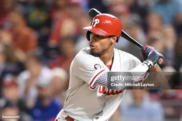 Nick Williams of the Philadelphia Phillies prepares for a pitch during a baseball game against the Washington Nationals at Nationals Park on...