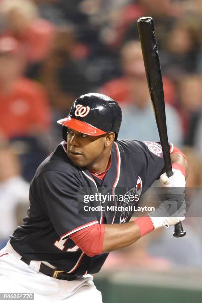 Alejandro De Aza of the Washington Nationals prepares for a pitch during a baseball game against the Philadelphia Phillies at Nationals Park on...