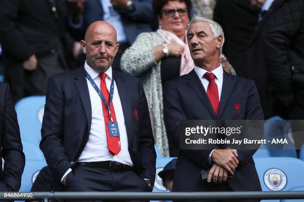 Former Liverpool players Gary McCallister and Ian Rush during the Premier League match between Manchester City and Liverpool at Etihad Stadium on...